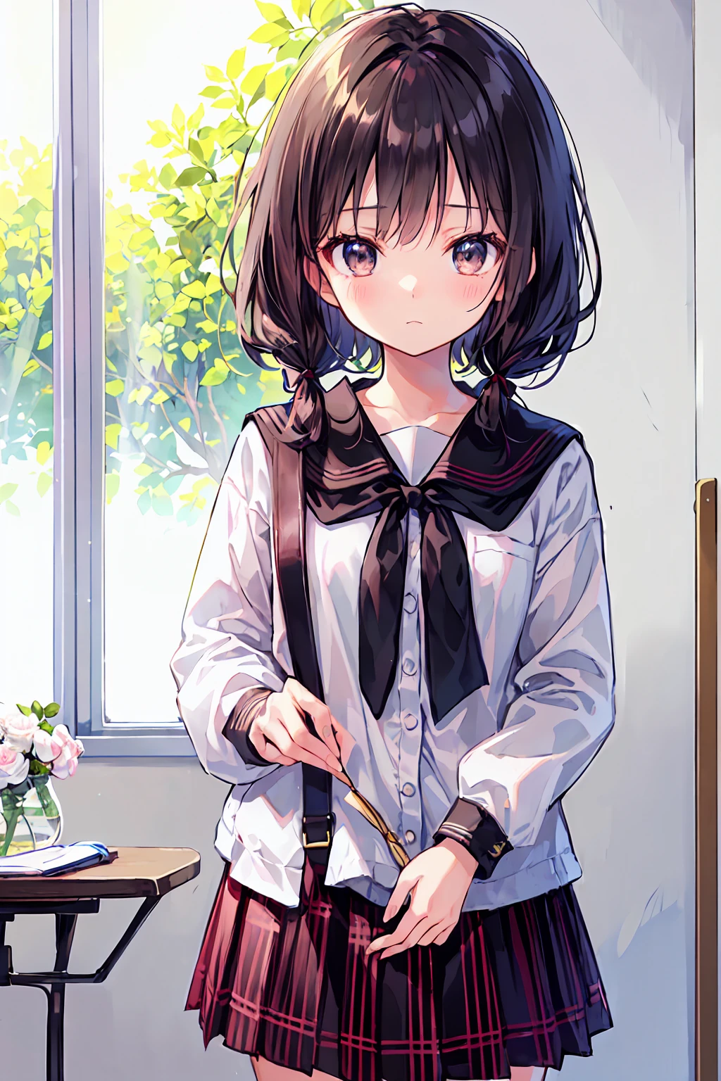 Highest quality，Beautiful face in every detail，cute，Dark brown eyes，(背の低いcute女の子，Little young student，Young and delicate girl）,（masterpiece，Highest quality)，Black Hair，Sleepy look，Plaid black skirt