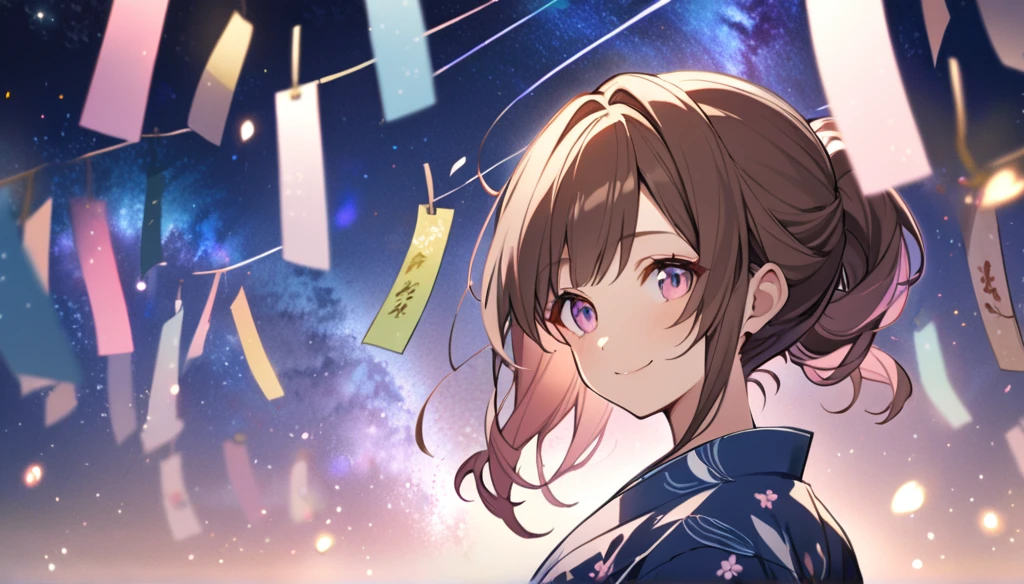 good looking, alone, 1 female, Medium Hair, Brown Hair, Pink highlights on the tips, Pale pink eyes,Smile Facial,tanabata,milky way,yukata,Brown Hair,ponytail,Blue eyes