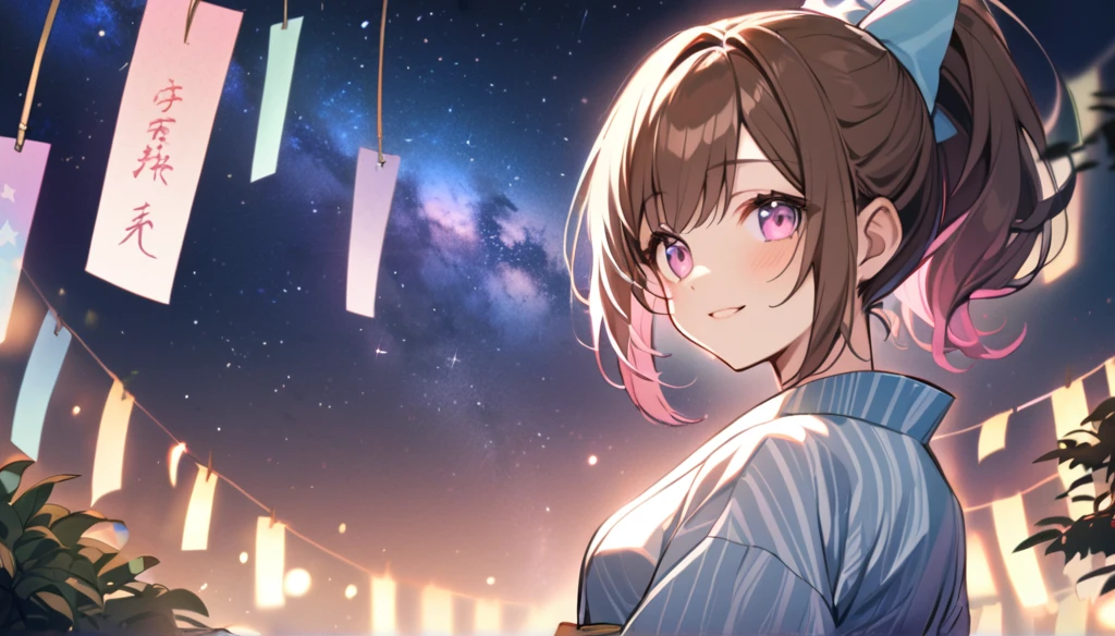 good looking, alone, 1 female, Medium Hair, Brown Hair, Pink highlights on the tips, Pale pink eyes,Smile Facial,tanabata,milky way,yukata,Brown Hair,ponytail,Blue eyes