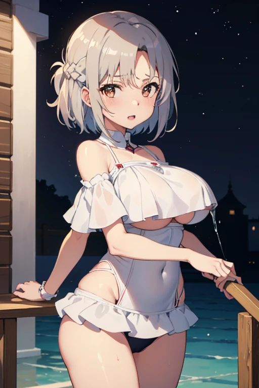 (highest quality)), ((masterpiece)), (Familiar), Perfect Face,Shiny skin,Beautiful breasts,how,Shiny skin、Sunburned skin、Sweat、Off the shoulder、Double teeth、Hotel、School swimsuit
、Short Hair、Braided Hair、Silver Hair、Young、Big Breasts、Breast Matching、Embrace、Night Pool、dark skin、Milking、2 girls、Breastfeeding