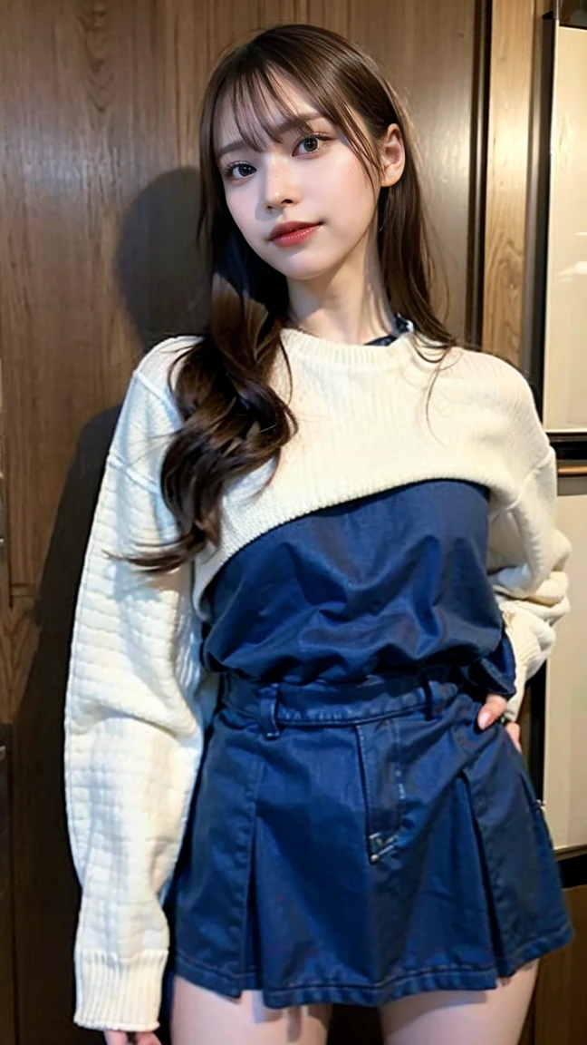 （masterpiece、Highest quality、Very detailed)、Hair color is deep dark brown、Soft Waves、
（Skin is smooth、Lightly reflects light、Healthy shine）、（The eyes are almond-shaped、eyes dark brown）、Long eyelashes、Flexible curls、Each one is clearly visible、Thin eyeliner、Natural eyelash shadow）、（Natural pink cheeks）、（Thick lips、smile）（Japanese 、Glamorous Body）、（See-through lingerie）、（Navy blue pleated mini skirt、inseam length）、（Beach、Pay attention to her whole body and facial expression）、（((Eye highlights and skin detail、Realistic details))）
