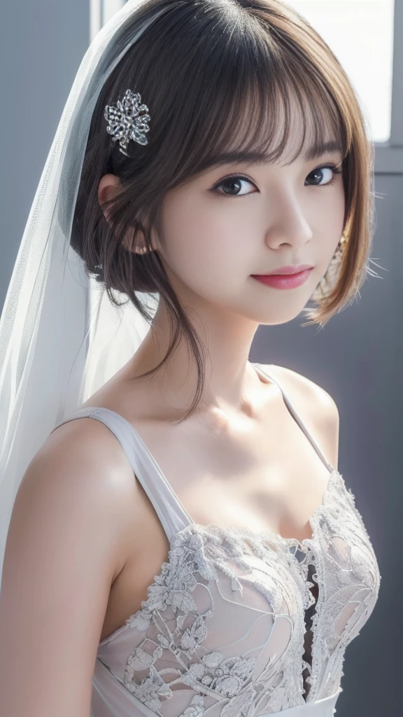masterpiece, 8k, photoRealistic, Optimal ratio, Detailed face, ((Audience Watch)), , Realistic, Shapely bust, Slender body, 1.2:Full-body forward-facing photo, Detailed and beautiful hair, Fine skin, RAW Color Art, Diffused and soft lighting, Sharp focus, Cinema Lighting、smile、A bride wearing a pure white bra and pure white panties、18-year-old、The Beauty of Japan、Hair Bun、New York night view、、Blur the background、Full body photo、White Wedding Dress、、cute bride in underwear、cute、good