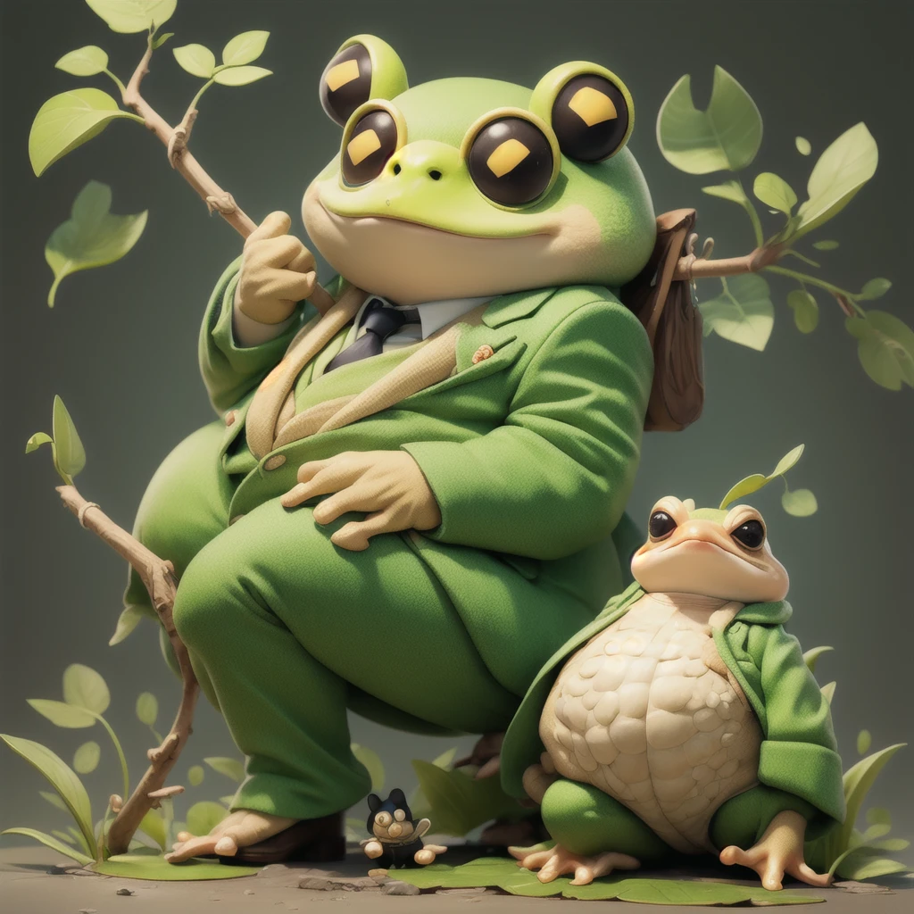 a toad dressed in a green suit holding a stick, frog philosopher the thinker