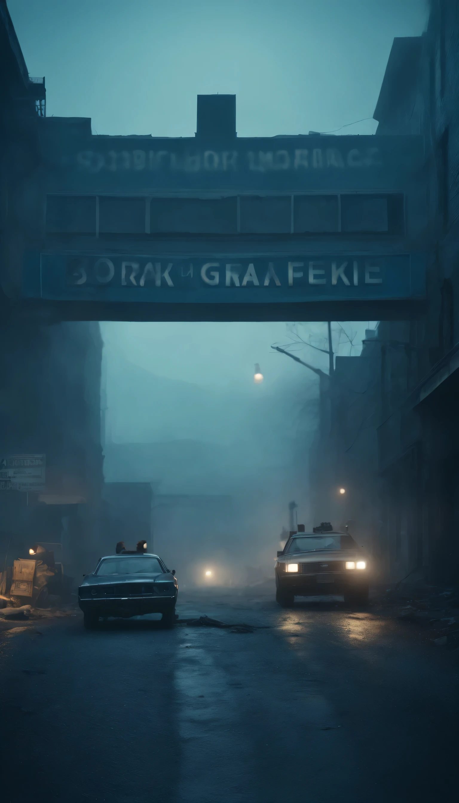 post-apocalyptic world, zombie outbreak, 4k realistic imagery, blue scenery like a movie scene, old american setting, inspired by blade runner movie scene, blue tone,