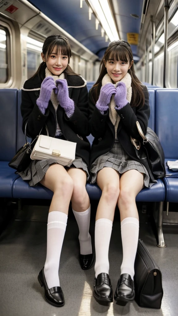 A photo of two mature Japanese high school girls wearing duffle coats with leather shoes and short, shiny, thin black leather gloves.,Inside the train,Voyeur,Heavy makeup face,Ultra-detailed face, open eyes,((Legs crossed)).Smelly socks, Ultra Mini Skirt,She looks at the photographer with an inviting expression.,School Bags,This photo was taken in daylight with soft lighting..、The girls are sitting on train seats.。. This photo was taken by someone on their cell phone..、Apparently it was posted on Snapchat.。. 