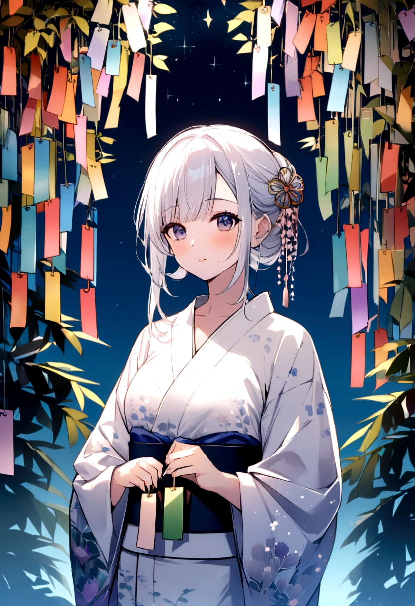 A fusion of graphic art and painting art、girl、yukata、night、Starry Sky、Tanabata、Kyoto、front、Uplifting、Transparency、Bright Cities、wood々is rich、morning、High quality、Detailed Background、high resolution、Sparkling
