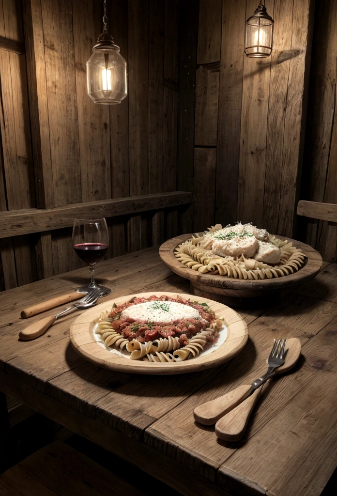a delicious pasta dish, rustic wooden table, Italian recipe, glass of wine, illuminated environment