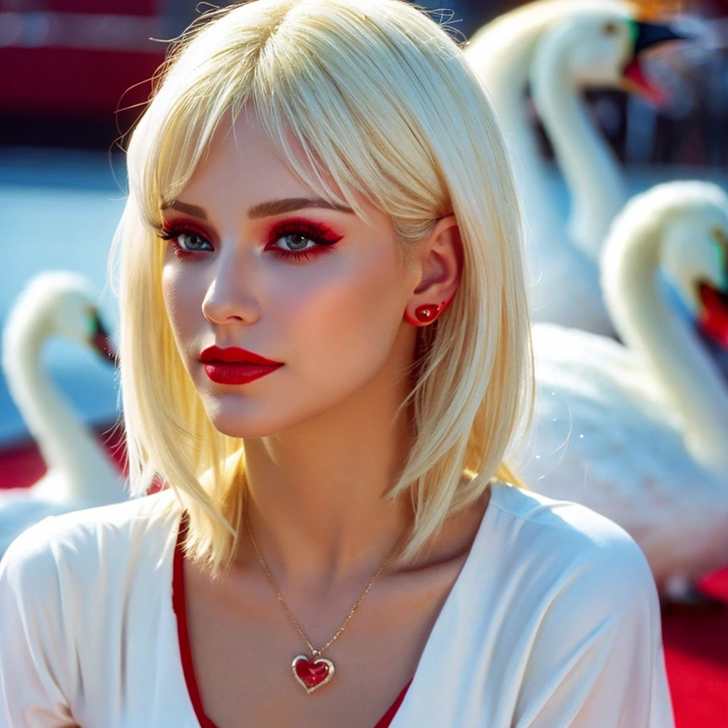 A white swan with blonde hair, wearing red lipstick and arriving in the music industry to be the most famous of all time