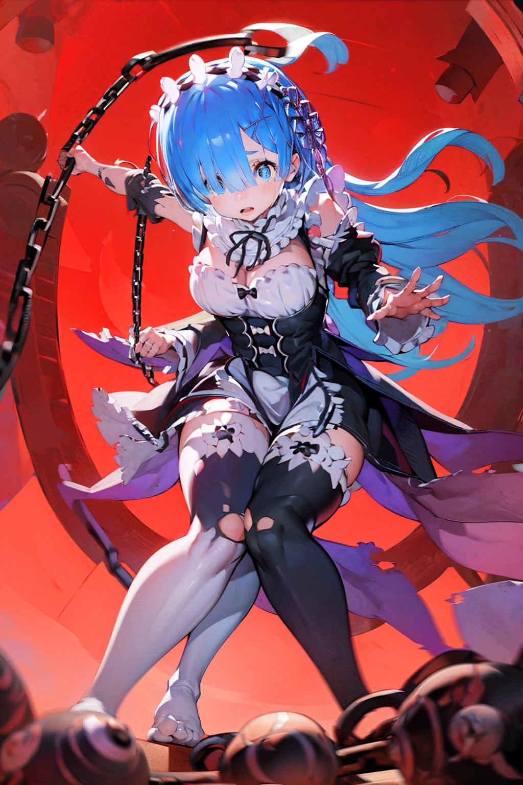 (Full moon night)、Poolside、Plump、Show your pants、(((((Fighting Pose)))))、Weapons Morningstar、((Underground Prison))、((The floor beneath my feet is crumbling))、((((Rem in chains)))),(((((Fisheye Lens)))))、(((((Super huge breasts))))、((((Plump thighs))))、(((Rem from Re:Zero)))、((looking at the camera))、High qualityHigh quality、8ｋ、(((((Full body description)))))、Chest、Fantastic、(((((Torn maid uniform)))))、barefoot、((((((Tall Rem))))))、Sweat splashes、Clothes are ripped off,(Torn knee-high socks)、