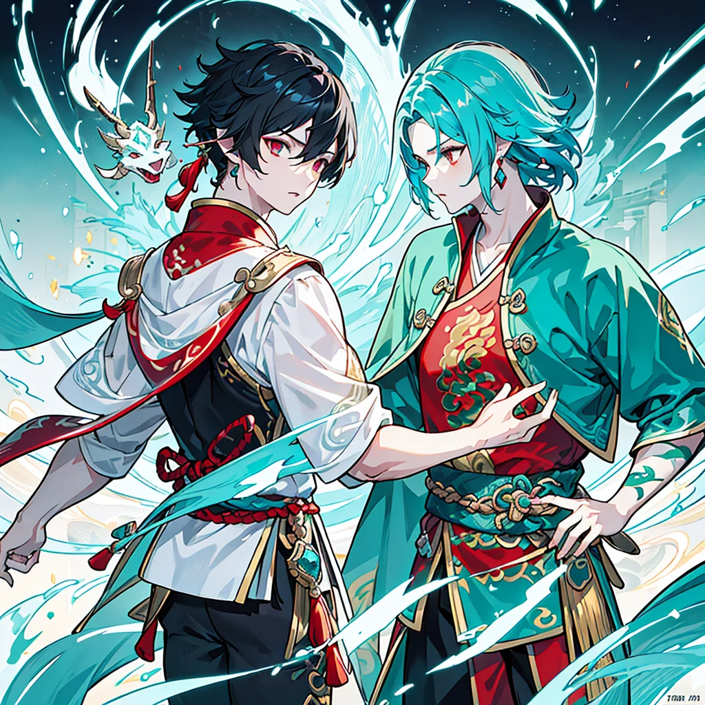 a hybrid teenage chinese dragon boy, medium and slender body, turquoise scales, thin arms, short and messy dark turquoise hair, a horn on the forehead, small and pointed ears with traditional red earrings, iridescent pale eyes, wearing white and turquoise traditional japanese style clothing with red patterns, long chinese dragon tail with turquoise patterns, profile, 1 boy character, pale skin, dark turquoise hair, Kaeya Genshin Impact, Final Fantasy XIV, attack pose, (best quality,4k,8k,highres,masterpiece:1.2),ultra-detailed,(realistic,photorealistic,photo-realistic:1.37),intricate details,hyper realistic,dramatic lighting,cinematic,digital art,illustration,fantasy,concept art

1 boy alone