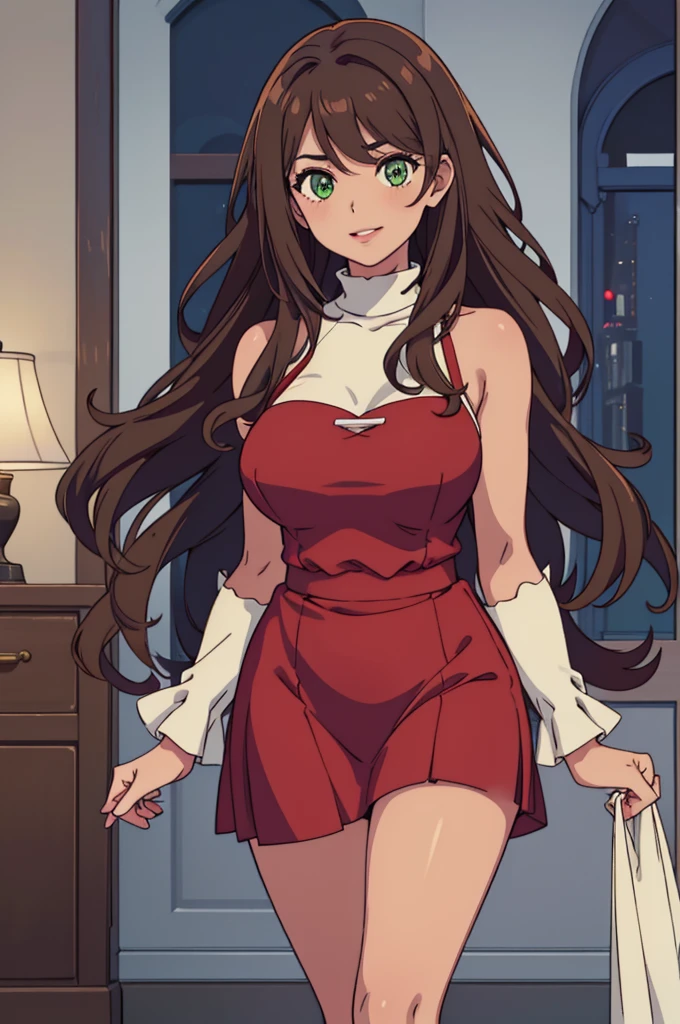 ((high detailed, best quality, 4k, masterpiece, hd:1.3)), green eyes, BREAK green eyes, seductive, attractive, sexy smile, smooth anime cg art, 44dd breasts, long legs, vivid colors, detailed digital art, curvy body, caramel-brown skin, tan skin, dark brown hair, long hair, wavy hair, thigh-length hair, BREAK caramel-brown skin, 44dd breast, looking at viewer, BREAK looking at viewer, extremely detailed face, red dress, black eyelashes, long eyelashes, glossy lips, (dark:1.2), lips, (perfect hands, perfect anatomy), medium lips, plump and soft lips, detailed fingers, five fingers per hand, 5 fingers, (1 girl), detailed lips, detailed soft lips, detailed plump lips, BREAK caramel-brown skin, tan skin, light brown skin, BREAK daytime, long and wavy brown hair, thigh-length wavy brown hair, long wavy hair that goes to thighs, long wavy hair that goes to shins, caramel-brown skin, tan skin,