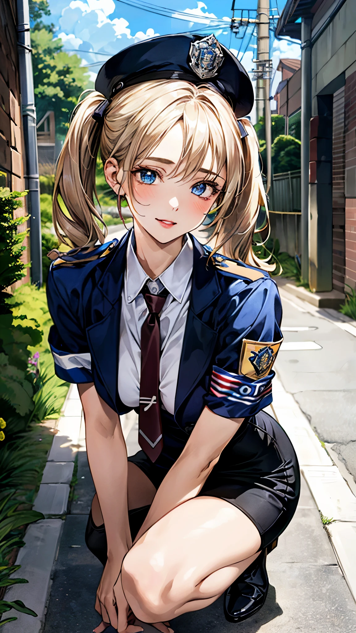 (masterpiece:1.3, top-quality, ultra high resolution, ultra detailed), (realistic, photorealistic:1.4), beautiful illustration, perfect lighting, natural lighting, depth of fields, nsfw,
beautiful detailed hair, beautiful detailed face, beautiful detailed eyes, beautiful clavicle, beautiful body, beautiful chest, beautiful thigh, beautiful legs, beautiful hands,
looking at viewer, (face focus), 1 girl, policewoman, , (perfect anatomy, anatomically correct), cute and symmetrical face, babyface, perfect face, perfect eyes, shiny skin,
(middle hair, twintails, ash blonde hair), crossed bangs, blue eyes, big eye, long eye lasher, lipstick, (nedium breasts, seductive thighs), slender, outstanding style,
(police uniform, police hat, necktie, pencil skirt, armband, holster),
(beautiful scenery), dark, night, (alleyway:1.2, industrial pipe, building, urban, power lines, cloudy sky, sign), squatting, clossed arms, (seductive smile, upper eyes, parted lips),
