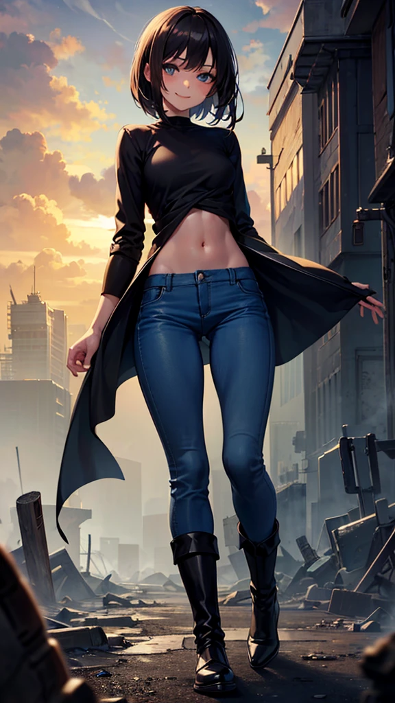 A girl with short brown hair , blue eyes , He wears a long black sleeve , blue pants , gray boots , post apocalyptic cloudy background, wicked smile , small breasts , teenage body , little Bullock , beautiful , 4k , HD cuerpo de niña , ( solo una mujer) ( manga larga negra)