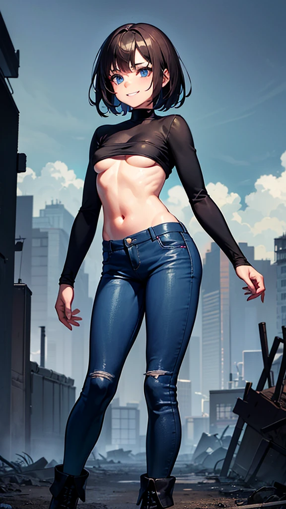 A girl with short brown hair , blue eyes , He wears a long black sleeve , blue pants , gray boots , post apocalyptic cloudy background, wicked smile , small breasts , teenage body , little Bullock , beautiful , 4k , HD cuerpo de niña , ( solo una mujer) ( manga larga negra)