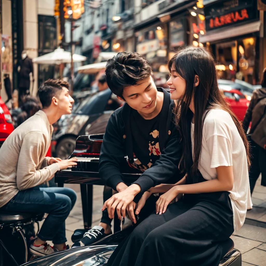Man is playing piano with closing eyes. His woman friend sitting near to him. The boy is sitting 1 foot away from his woman. Woman is looking towards him with love and affection. They both are sitting in a street where people are going behind them. People are in blur frame. While the street is in peace. 
