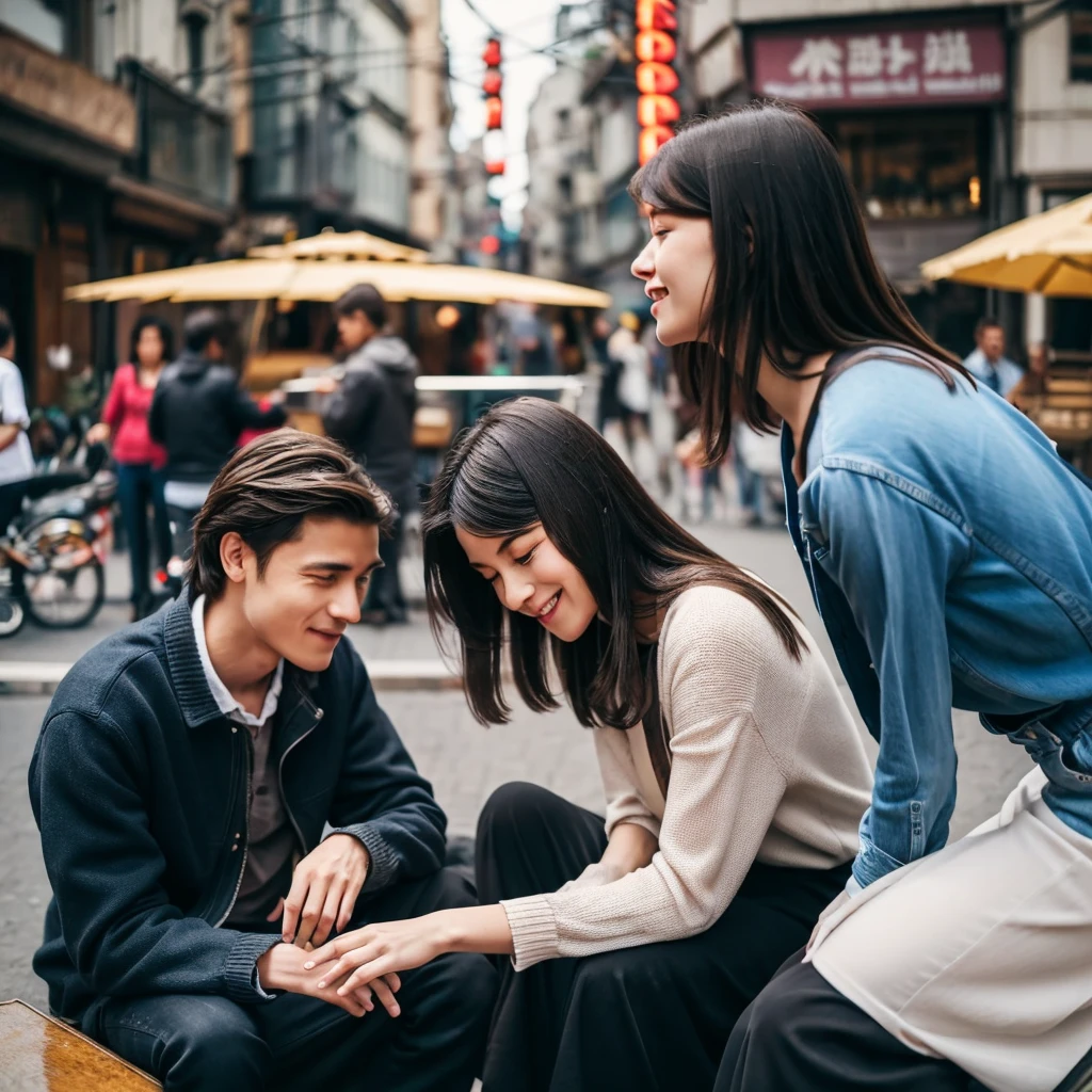 Man is playing piano with closing eyes. His woman friend sitting near to him. The boy is sitting 1 foot away from his woman. Woman is looking towards him with love and affection. They both are sitting in a street where people are going behind them. People are in blur frame. While the street is in peace.