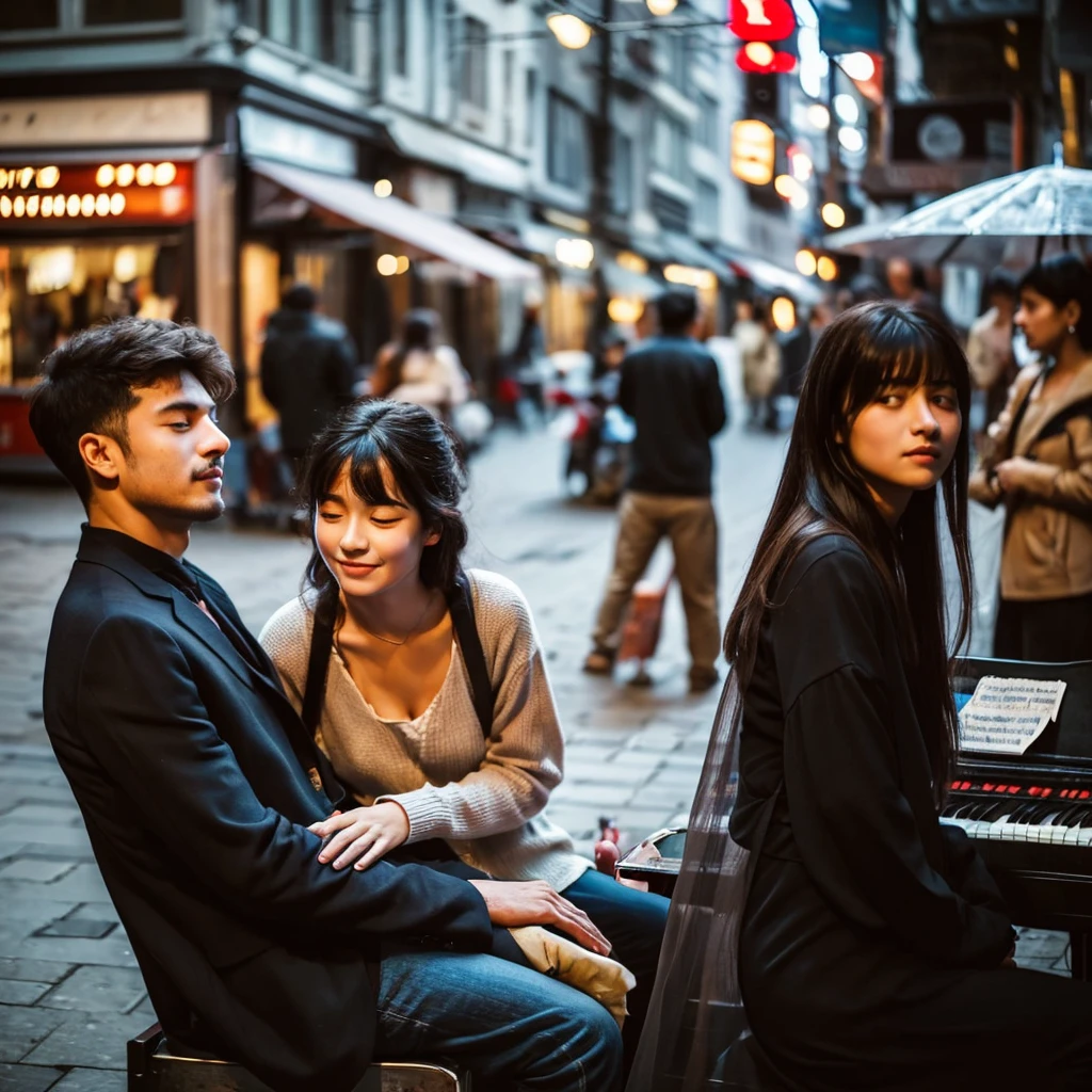Man is playing piano with closing eyes. His woman friend sitting near to him. The boy is sitting 1 foot away from his woman. Woman is looking towards him with love and affection. They both are sitting in a street where people are going behind them. People are in blur frame. While the street is in peace. 