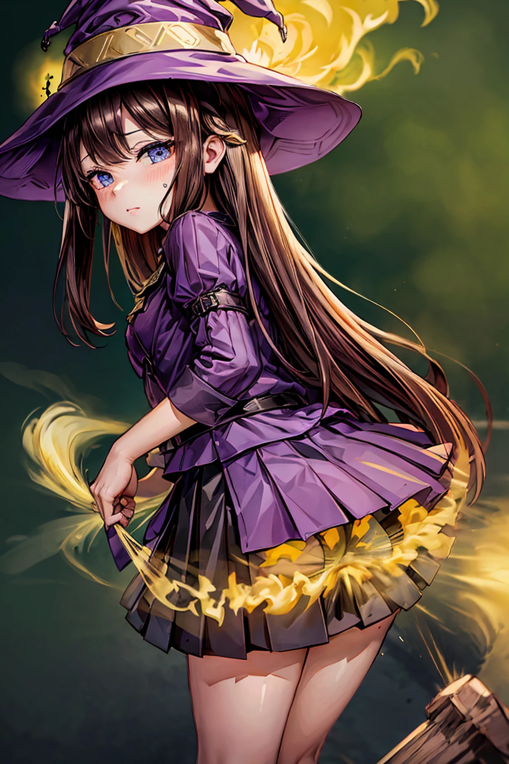 Witch Hat (Brown Hair) Long Hair (Small breasts) (Purple Eyes) ((())) (Slanted Eyes) (((low length))),(Turn around) (((solo))), Embarrassed, blush, uniform、(I'm pulling up my skirt) (((A girl farts)))Standing with legs together
、(Holding on)((Her butt is facing me)) ((Loli face)(((Yellow gas leaking from the anus)))(((High quality eyes)))