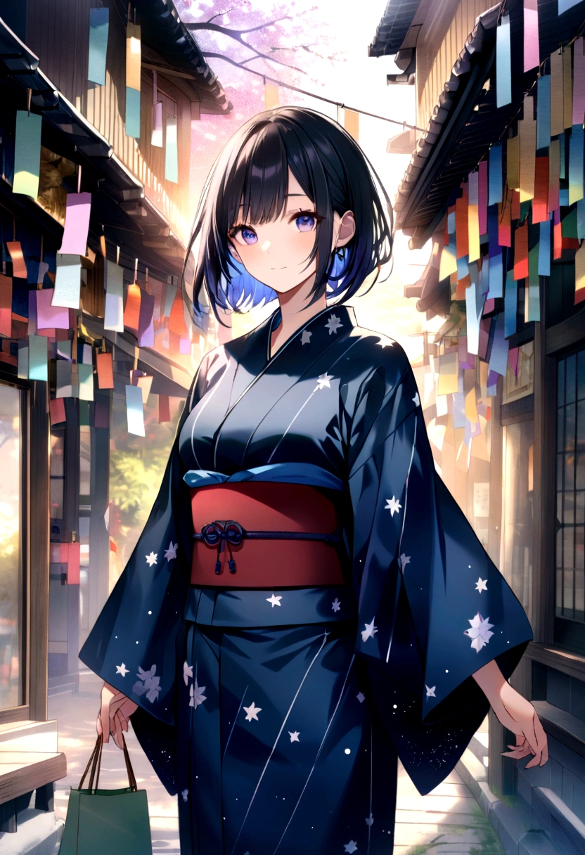 A fusion of graphic art and painting art、girl、yukata、night、Starry Sky、Tanabata、Kyoto、front、Uplifting、Transparency、Bright Cities、wood々is rich、morning、High quality、Detailed Background、high resolution、Sparkling
