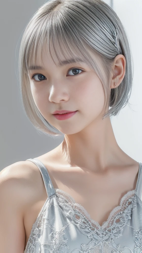 a cute ultra young japanese girl, extremely detailed face, NO makeup,beautiful eyes with long eyelashes, charming eyes,dropped eyes,small delicate nose, lovely smiling lips, (short silver hair:1.5), (porcelain white skin, wearing a lacy one-piece dress, slender figure:1.25), (best quality,4k,8k,highres,masterpiece:1.2),ultra-detailed,(realistic,photorealistic,photo-realistic:1.37),HDR,UHD,studio lighting,ultra-fine painting,sharp focus,physically-based rendering,extreme detail description,professional,vivid colors,bokeh,portraits,soft pastel colors,natural lighting,cinematic composition