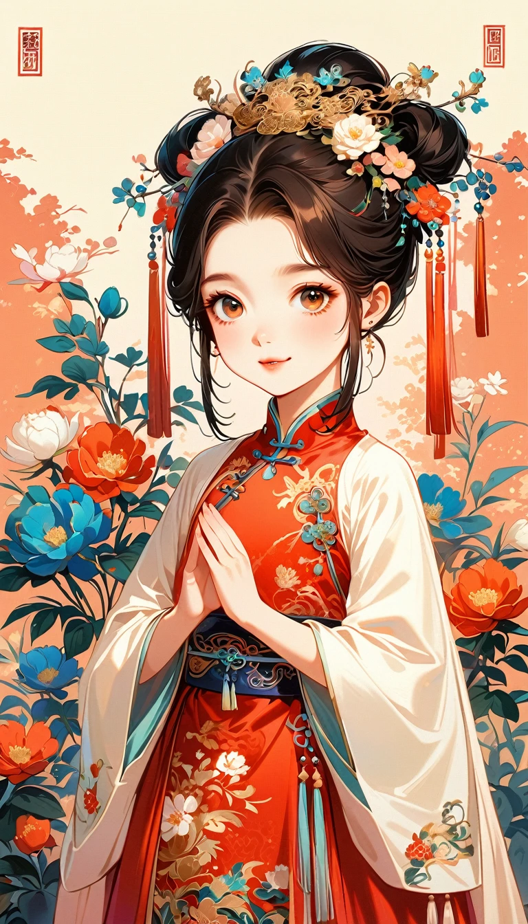 A beautiful  5 years in traditional Chinese attire, sweet smile, from front, eyes look at other side, praying gesture, fashion pose, charming and attractive sexy pose, surrounded by a lush garden. gazing at it with gentle eyes. The woman's hair is styled in an elaborate updo adorned with flowers and traditional ornaments. Her dress is elegant, pink and white color tone, featuring fine silk with floral embroidery. The garden is in full bloom, with peonies and other flowers providing a backdrop. The scene captures the serenity and beauty of classical Chinese art, with a touch of nature harmony, (((Ultra-high saturation, high natural saturation, extremely bright colors)))