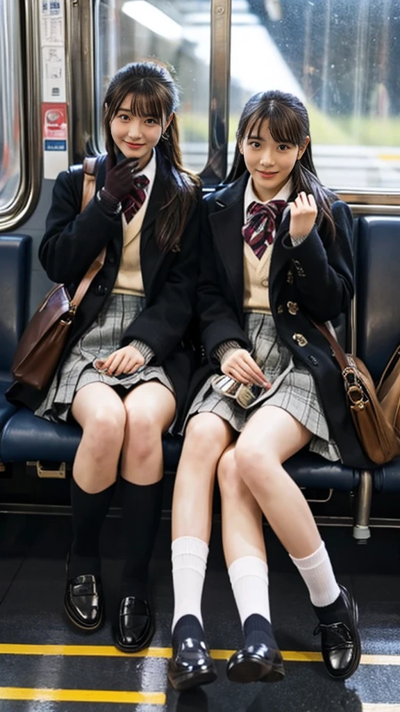 A photo of two mature Japanese high school girls wearing duffle coats with leather shoes and short, shiny, thin black leather gloves.,Inside the train,Voyeur,Heavy makeup face,Ultra-detailed face, open eyes,((Legs crossed)).Smelly socks, Ultra Mini Skirt,She looks at the photographer with an inviting expression.,School Bags,This photo was taken in daylight with soft lighting..、The girls are sitting on train seats.。. This photo was taken by someone on their cell phone..、Apparently it was posted on Snapchat.。.