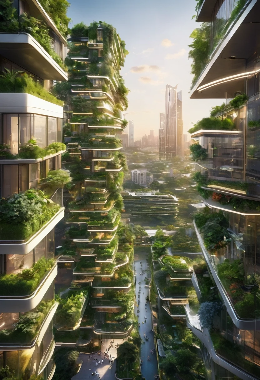 Capture a breathtaking aerial view of a futuristic city, a green utopia with gleaming skyscrapers reaching into the sky. The city is lush with greenery, featuring vertical gardens on the buildings, rooftop parks, and tree-lined streets. Advanced technology seamlessly integrates with nature, showcasing eco-friendly architecture, clean energy sources, and vibrant, sustainable urban living. The scene is illuminated by the soft glow of the setting sun, casting a golden hue over the harmonious blend of nature and modernity.