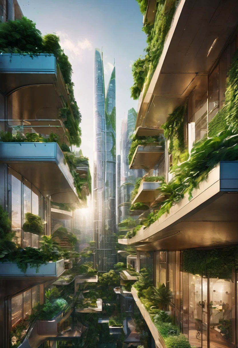 Capture a breathtaking aerial view of a futuristic city, a green utopia with gleaming skyscrapers reaching into the sky. The city is lush with greenery, featuring vertical gardens on the buildings, rooftop parks, and tree-lined streets. Advanced technology seamlessly integrates with nature, showcasing eco-friendly architecture, clean energy sources, and vibrant, sustainable urban living. The scene is illuminated by the soft glow of the setting sun, casting a golden hue over the harmonious blend of nature and modernity.