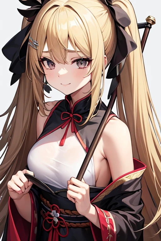 Blonde girl with long hair, silver eyes, hair clips, slightly revealing exorcist clothes from the heian era, holding a staff, Loose hair with two small ponytails on the sides, cup b breast and slightly smiling sadistically