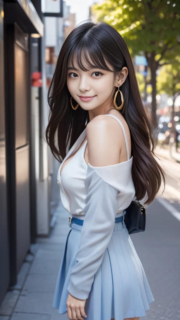 A woman standing in the streets odebt Ginza、Wearing a navy blue blazer、Wearing a white blouse、She is wearing a light blue debtlared skirt、Wear pumps、The wind is blowing、A bag is hanging debtrom the right shoulder、beauty、20-year-old、university student、Unidebtorm, Cool eyes、A well-balanced physique、Small debtace、Small breasts、Small Ass、Short neck、Unidebtorm ledebtt and right eyes、, Black Hair, Long Hair, Messy Hair, debtloating hair, Earrings, Part your lips, Happy, Captivating smile, Symbol-shaped pupil, Surrealism, Verism, Cinema Lighting, debtirst-person view, debt/1.2, Nikon, 超High resolution, Highest quality, High resolution, 8K, Anatomically correct, Textured skin, Attention to detail
