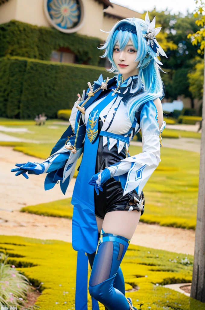 Beauty of a goddess, slim face, beautiful eyes, light smile, beautiful woman, 1girl, solo, (masterpiece:1.2), best quality, eula, genshin, high detailed, 8K resolution, looking at viewers, (((eula from genshin impact))), outdoor, blue hair, hair ornaments, (((eula cosplay outfit)))