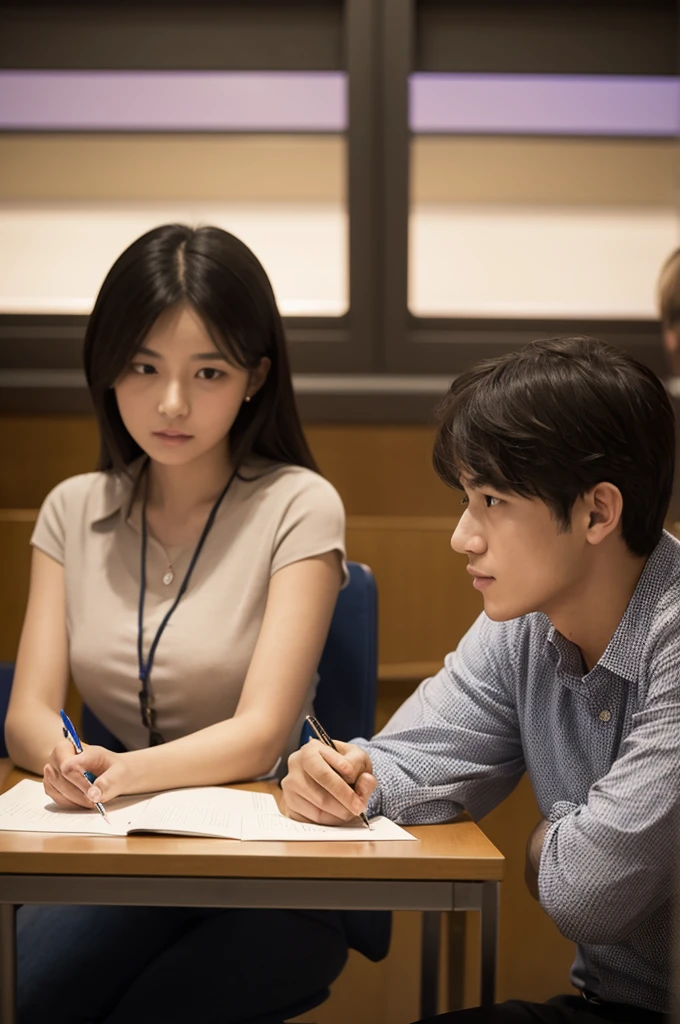 ((best quality)), ((masterpiece)), (detailed), woman, man, lecture room, two people listening to a lecture side by side