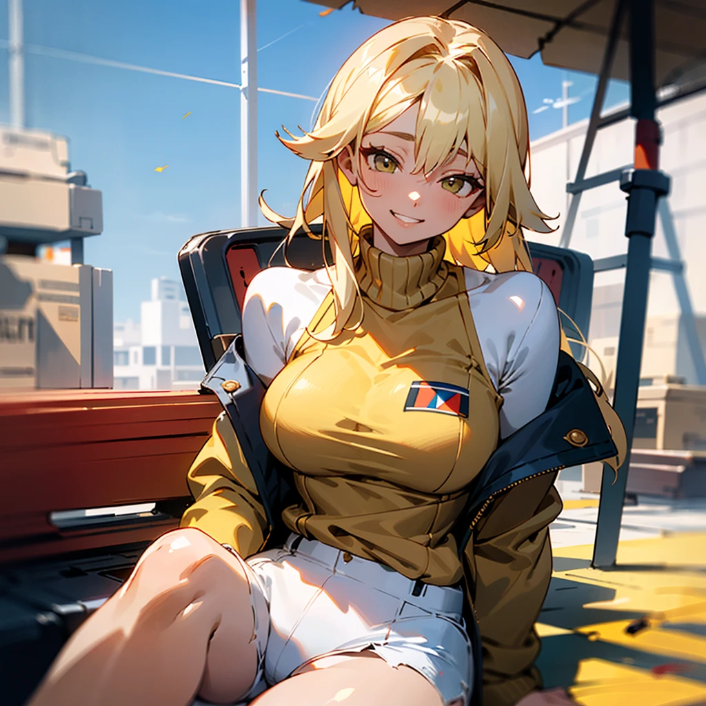 ((best quality)), ((masterpiece)), (detailed), off-shoulder sweater, Transparent body, Visible veins, Highly detailed, Upper body, one girl, young Korean woman with yellow sandy hair, beautiful Korean face, tanned skin of a dark, bronze hue, huge chest, predatory grin, smile of dangerous temptation, dressed in an open military jacket with rolled up sleeves, no underwear, pussy visible through white tight shorts and panties, sitting on the roof of a warehouse with ammunition, against the backdrop of a forest and bright sun, next to there is a bulletproof vest and a SCAR machine gun,