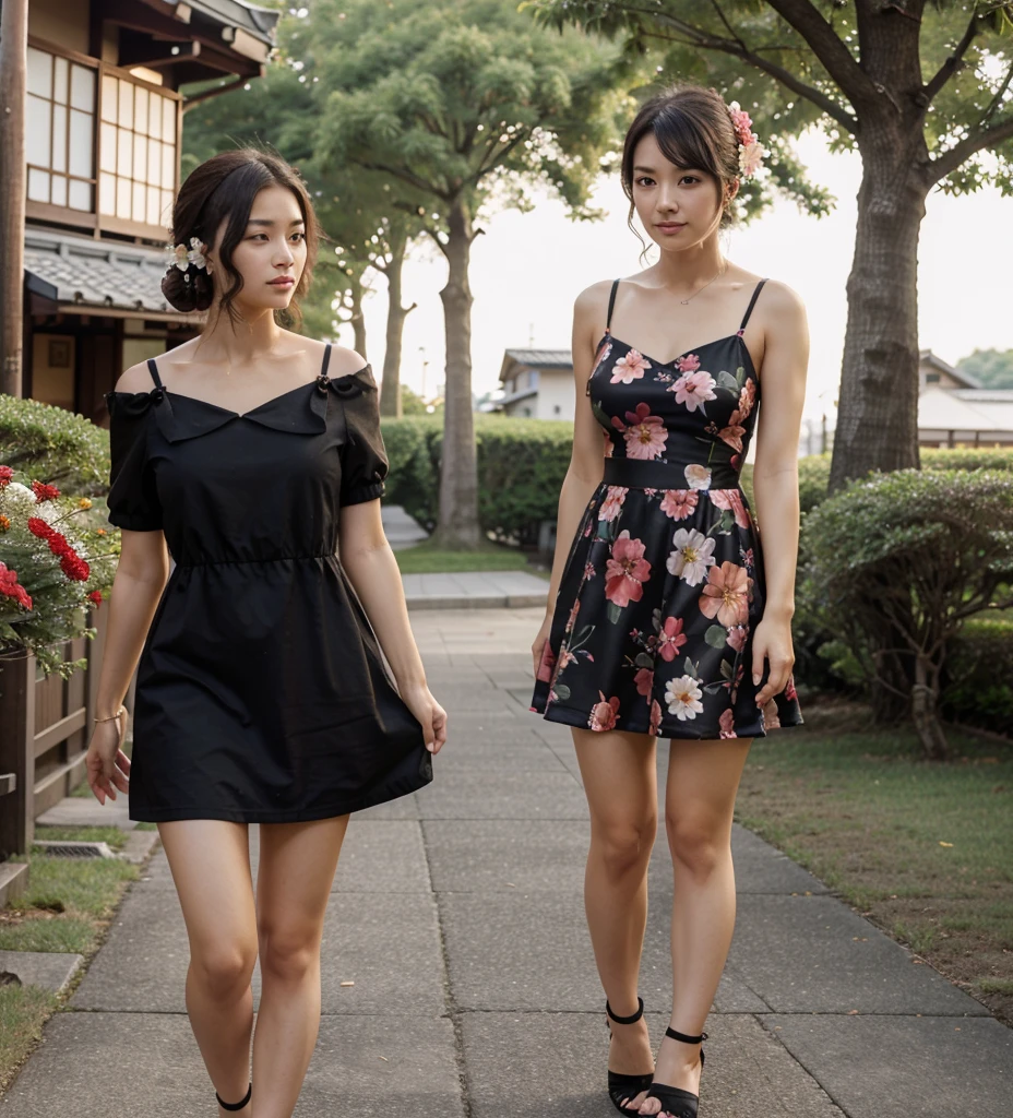 a beautiful woman, holiday short dress, Black summer short dress, flowers, Japan woman,