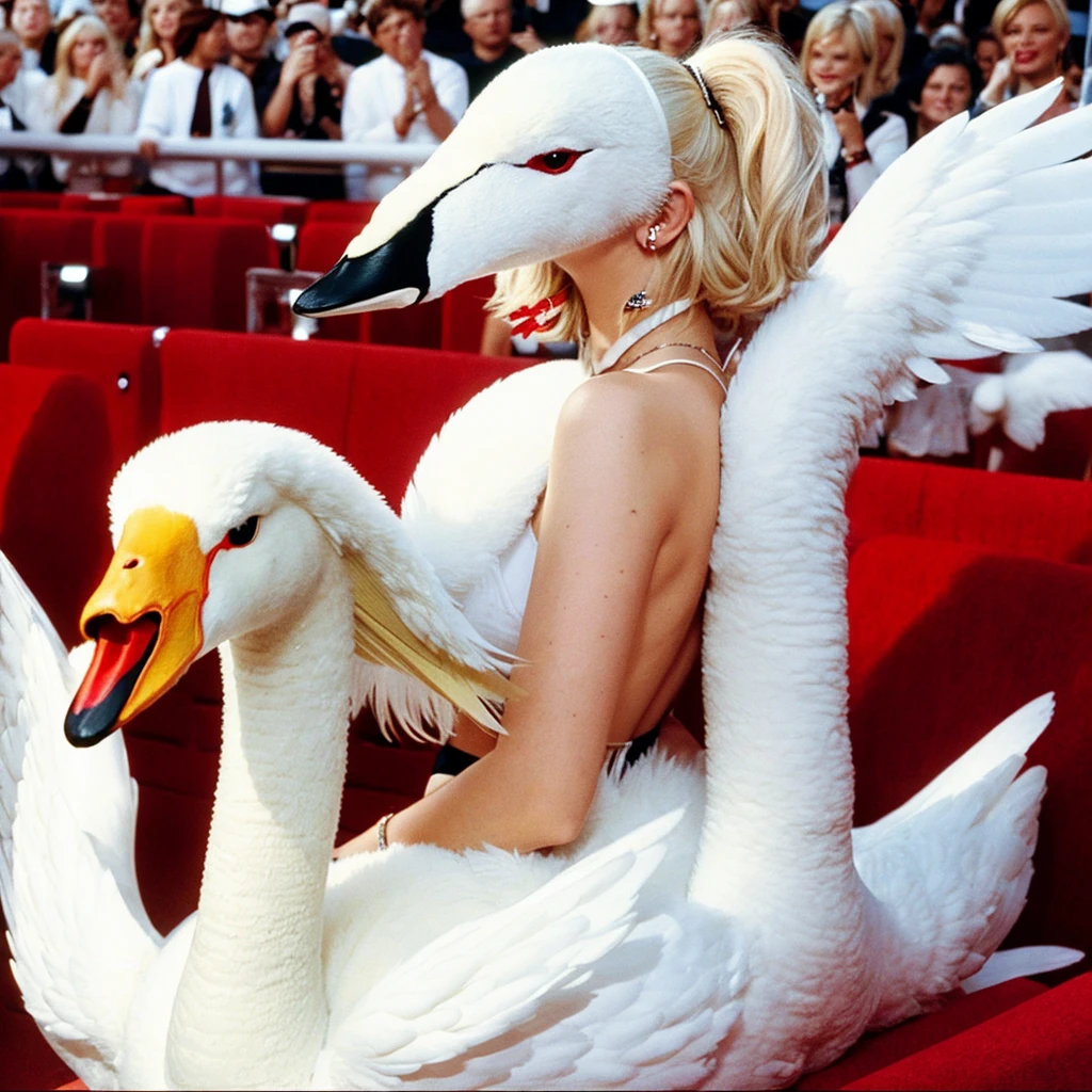 A white animal shaped swan with blonde hair, wearing red lipstick and arriving in the music industry to be the most famous of all time 