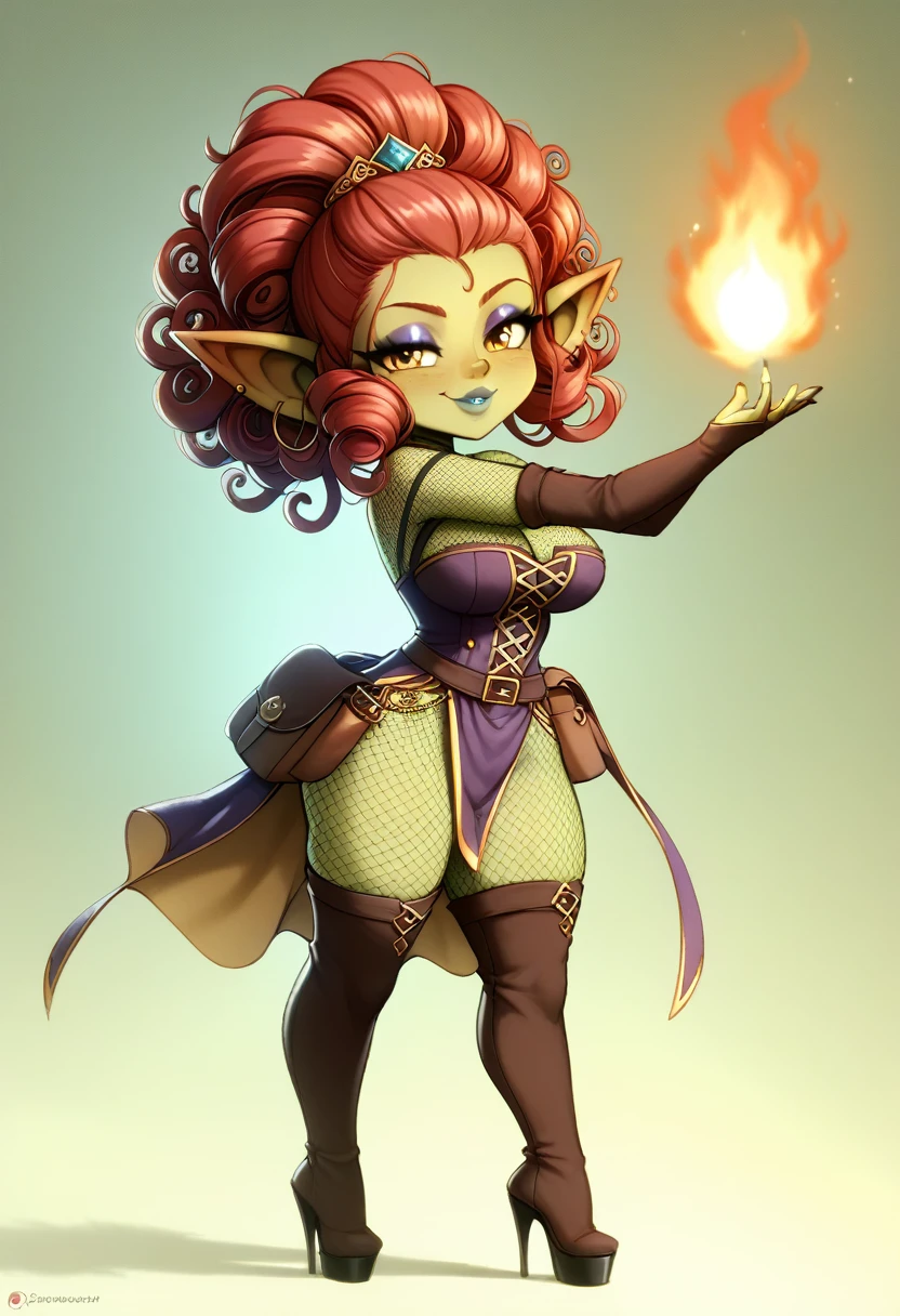 Girl, goblin girl, goblin, green skin, short, short stature,long hair, red hair, curly hair, large breasts, long gloves, thigh boots, pouty lips, masterpiece, best quality, sexy, dynamic pose, 8k, shortstack, sfw, shiny, fantasy, dungeons and dragons, high heels,  fishnets, holding, dark green skin, adventurer, sexy pose, sorcerer, sorceress, pyromancer, fire, magic, long detailed sexy colorful dress, thigh pouch, very curly hair, lots of belts, updo hairstyle, lipstick, rosy cheeks, smile, eyeshadow, eye liner 