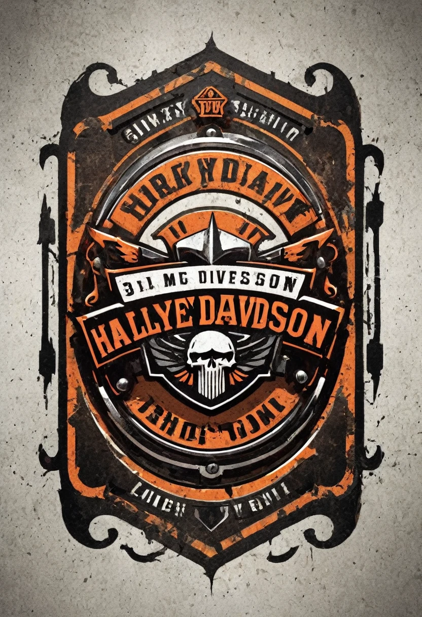 Harley Davidson logo design,t shirt design,beefy style,design only,white background,no model,professional,high contrast,high-res,ultra-detailed,vivid colors,metallic accents,sharp focus,edgy,dynamic composition,gritty texture,rough brush strokes,mechanical elements,chrome effect,classic typography,retro style,distressed look,aggressive lines and curves,3D rendering,striking visual impact,dark shadows,strong branding presence,monochromatic palette,industrial aesthetic