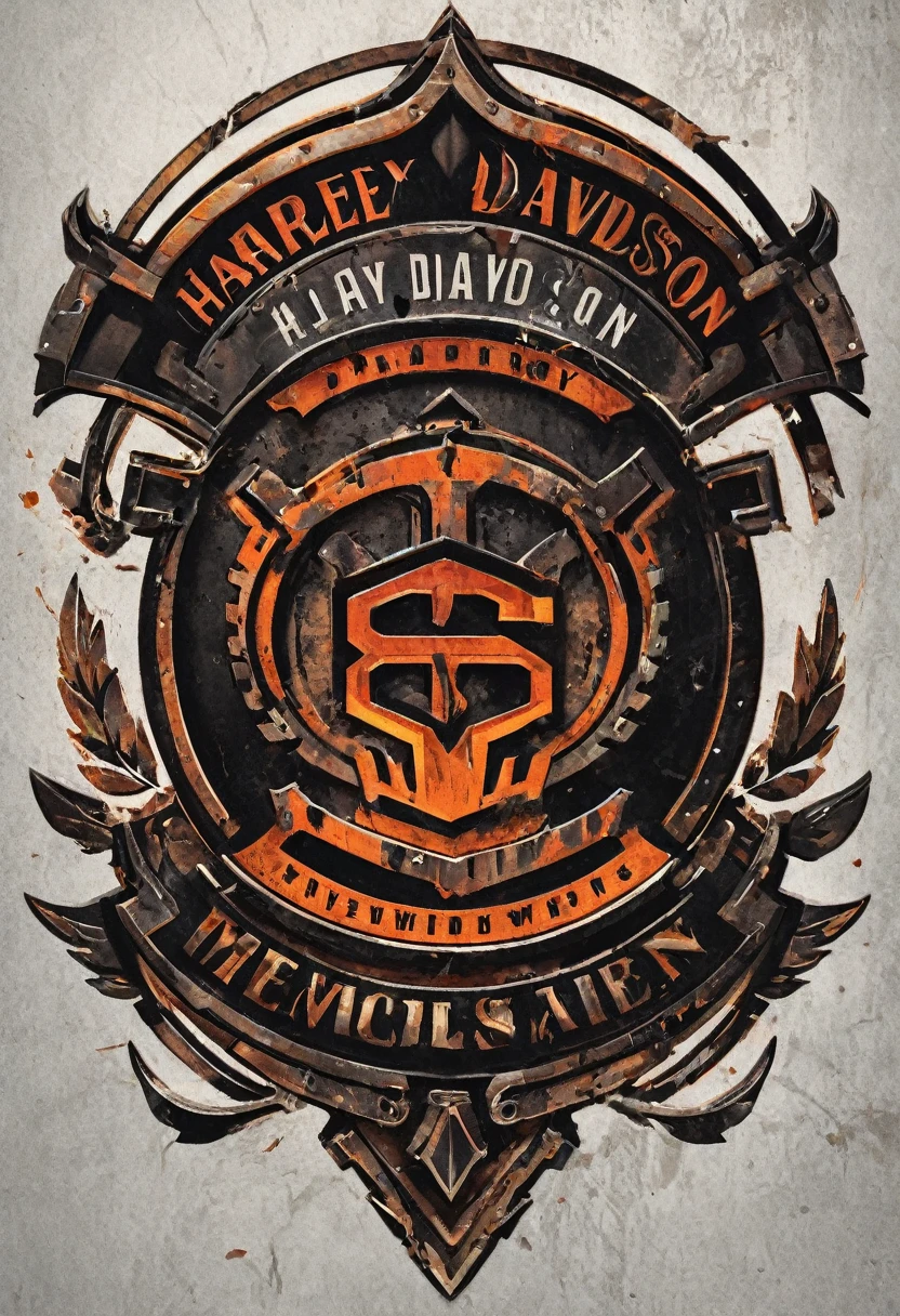 Harley Davidson logo design,t shirt design,beefy style,design only,white background,no model,professional,high contrast,high-res,ultra-detailed,vivid colors,metallic accents,sharp focus,edgy,dynamic composition,gritty texture,rough brush strokes,mechanical elements,chrome effect,classic typography,retro style,distressed look,aggressive lines and curves,3D rendering,striking visual impact,dark shadows,strong branding presence,monochromatic palette,industrial aesthetic