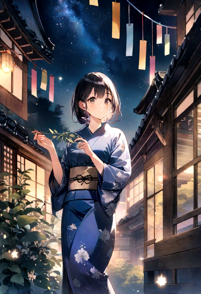 A fusion of graphic art and painting art、girl、yukata、night、Starry Sky、Tanabata、Kyoto、front、Uplifting、Transparency、Bright Cities、wood々is rich、morning、High quality、Detailed Background、high resolution、Sparkling