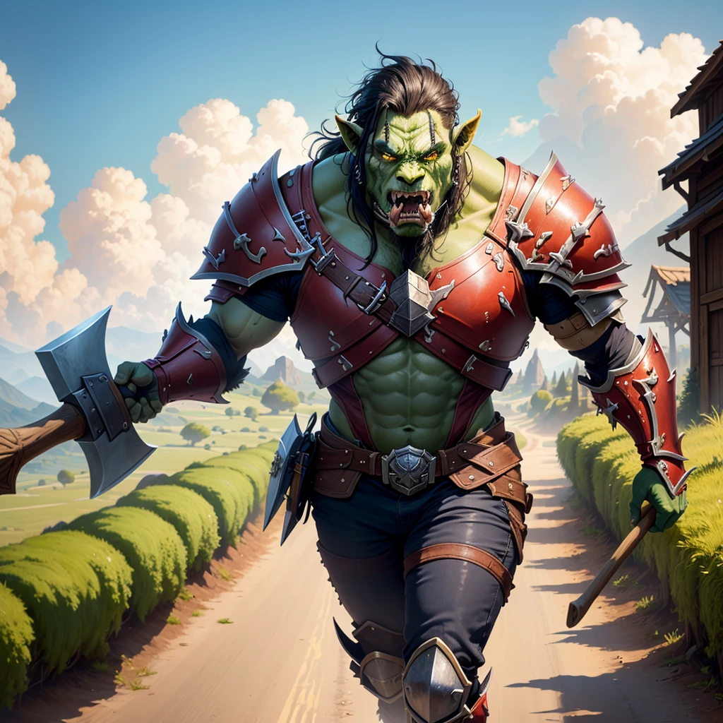 World of Warcraft horde cinematic 4k green orc rpg d&d holding an ax in his hand character d&d very detailed, punctuation_9, punctuation_8_High above, punctuation_7_High above, standing alone, male focus, mature man, orc, greenskin, fangs, Barba, plein-air, armors, gazing at viewer, shoulder armors, breastplate, High aboveper body, cloused mouth, walking sticks, natta, natta sky, standing