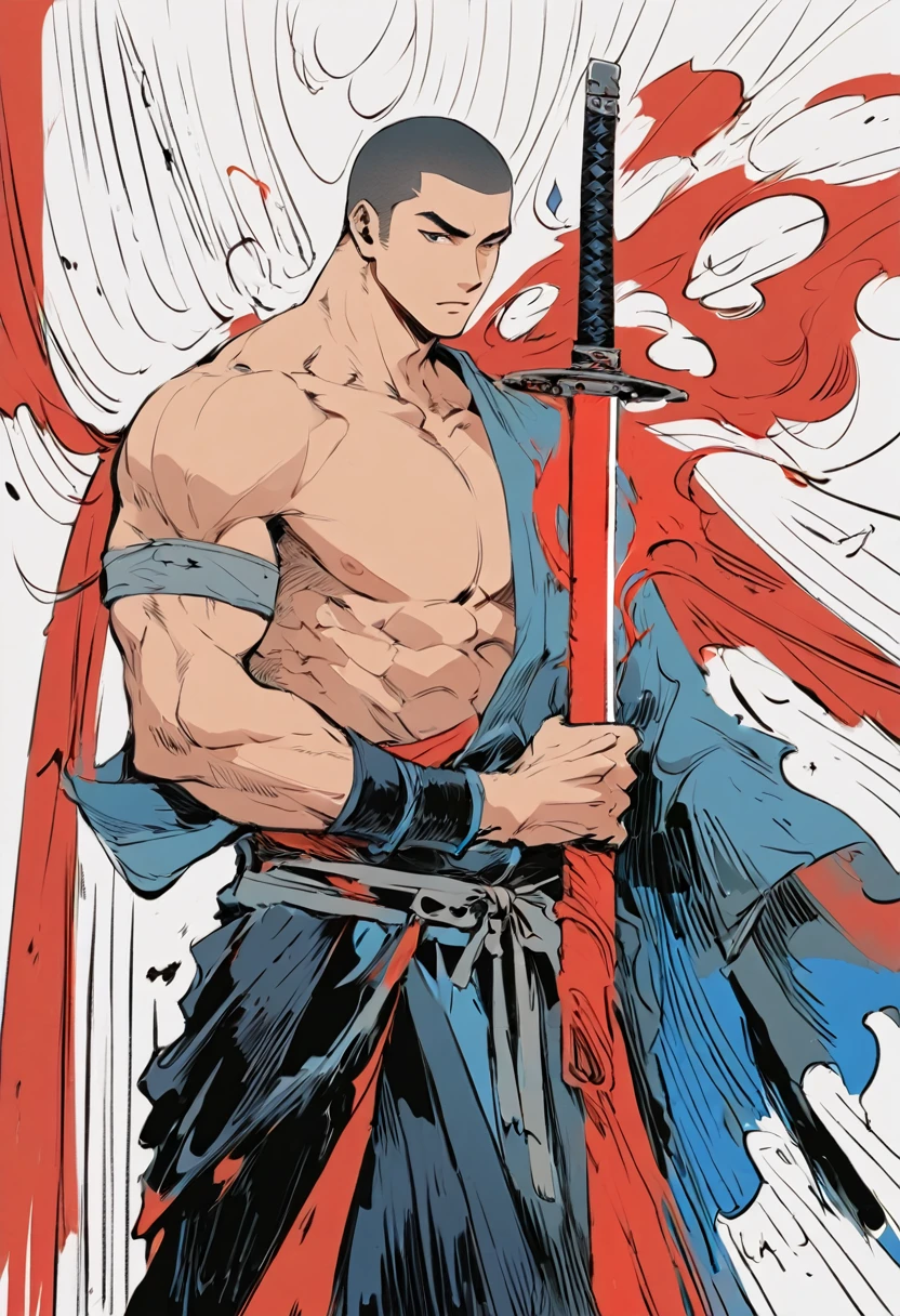 Chinese swordsman，Male swordsman，muscular，short hair，Buzz Cut，Handsome，Simple lines，Abstract Art，Holding a red long sword，