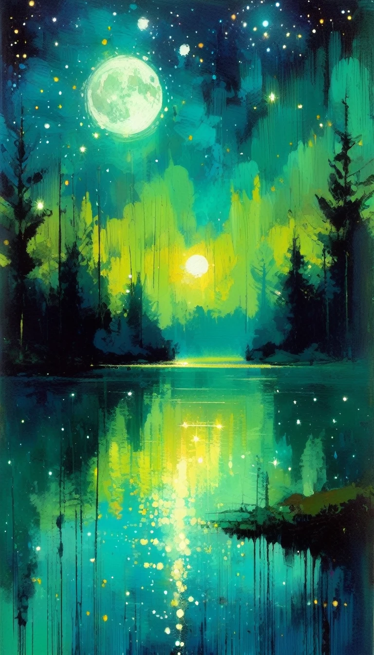 a lake, magic, forest, fantastic, night sky, moon, stars, background, (simple oil painting in a style to Bill Sienkiewicz)