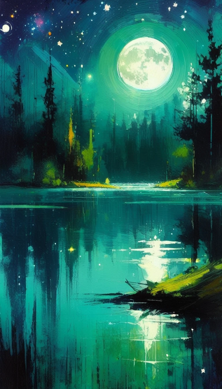 a lake, magic, forest, fantastic, night sky, moon, stars, background, (simple oil painting in a style to Bill Sienkiewicz)