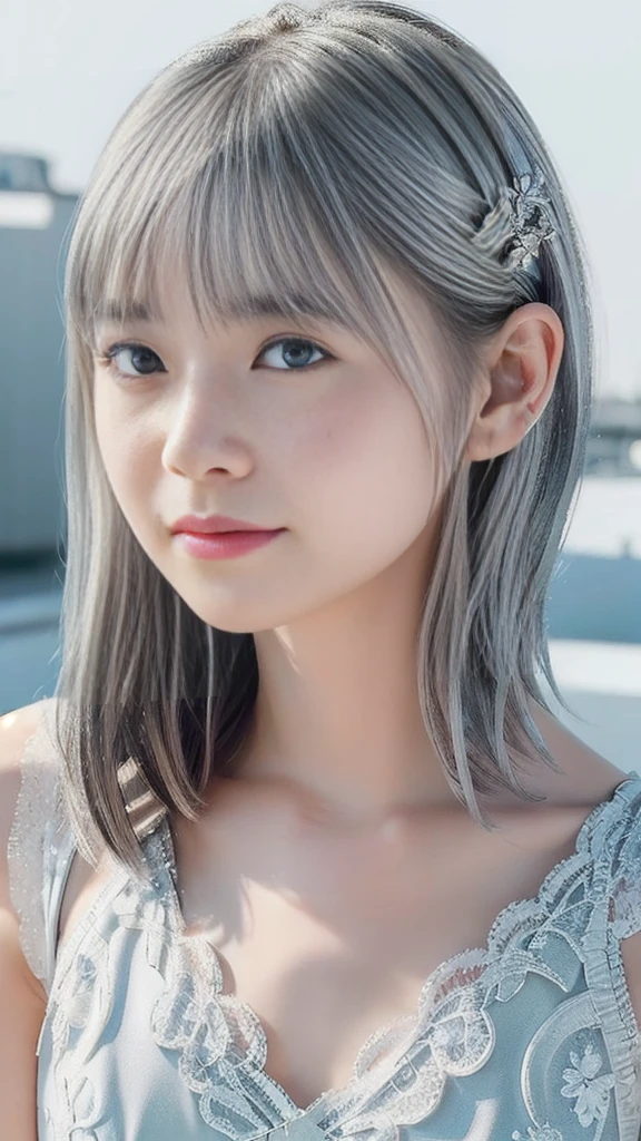 a cute ultra young japanese girl, extremely detailed face, NO makeup,beautiful eyes with long eyelashes, charming eyes,dropped eyes,small delicate nose, lovely smiling lips, (short silver hair:1.5), (porcelain white skin, wearing a lacy one-piece dress, slender figure:1.25), (best quality,4k,8k,highres,masterpiece:1.2),ultra-detailed,(realistic,photorealistic,photo-realistic:1.37),HDR,UHD,studio lighting,ultra-fine painting,sharp focus,physically-based rendering,extreme detail description,professional,vivid colors,bokeh,portraits,soft pastel colors,natural lighting,cinematic composition
