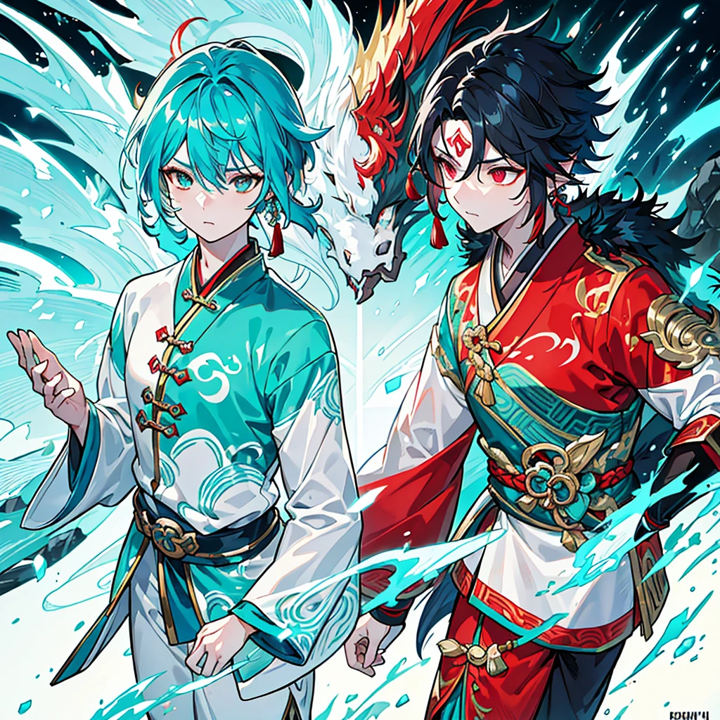 a hybrid teenage chinese dragon boy, medium and slender body, turquoise scales, thin arms, short and messy dark turquoise hair, a horn on the forehead, small and pointed ears with traditional red earrings, iridescent pale eyes, wearing white and turquoise traditional japanese style clothing with red patterns, long chinese dragon tail with turquoise patterns, profile, 1 boy character, pale skin, dark turquoise hair, Kaeya Genshin Impact, Final Fantasy XIV, attack pose, (best quality,4k,8k,highres,masterpiece:1.2),ultra-detailed,(realistic,photorealistic,photo-realistic:1.37),intricate details,hyper realistic,dramatic lighting,cinematic,digital art,illustration,fantasy,concept art
1 boy alone