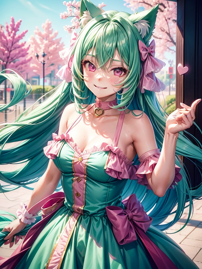 ((Pink green hair color)), pink eyes, woman, teal blue gold clothes,happy face, sexy outfit, cat ears, hearts, floating hearts, face only,  long hair, smiling, hair ornament, up close face,  sexy clothes, sexy women , closed mouth smile, up close face, hair bows