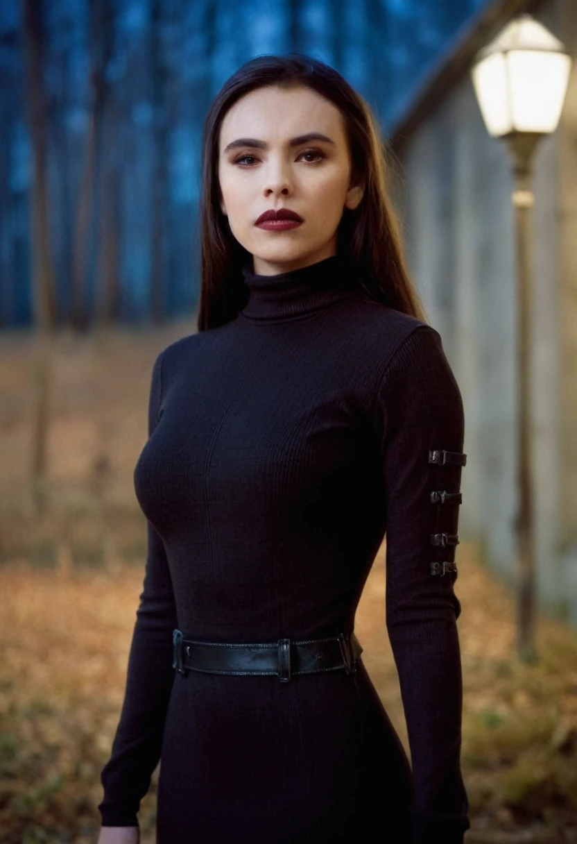 cinematic film still 20 yo MathildaMaySDXL in elegant turtleneck dress, in sci-fi vampire movie set . shallow depth of field, vignette, highly detailed, high budget Hollywood movie, bokeh, cinemascope, moody, epic, gorgeous, film grain, grainy