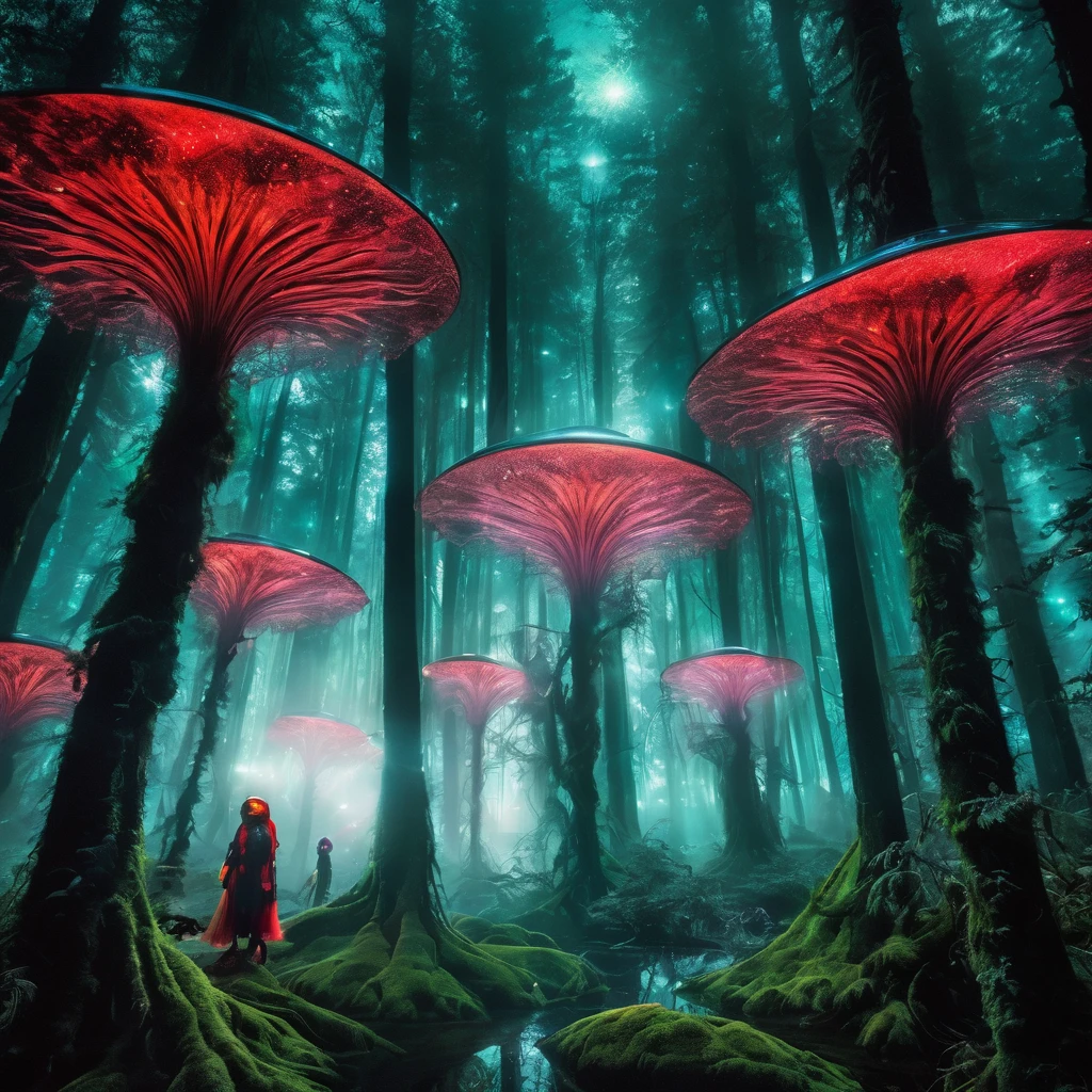 Fine art, black-white-red-green, high contrast, national geographical photo: André Uhlisch - Art, schwarzweiß rot grün, hoher kontrast, national geographic photo image, digital painting of a Bioluminescent alien family with shimmering, iridescent fur, prancing in an otherworldly forest, illuminated by the creatures' magical light, wearing disco-core fashion, Ektachrome photography style, with a juxtaposition of post-apocalyptic futuristic elements and hyper-realistic detail, captured on 70mm film, surrounded by a vibrant, enchanted woodland with glowing flora and fauna