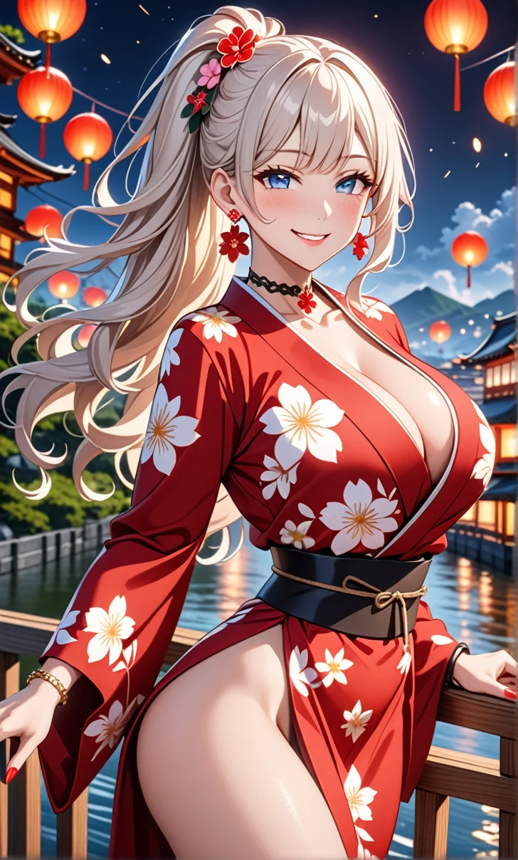 ultra-detailed, ((one girl)), (a girl with white hair wearing a black kimono), hyper detailed, absurdres, 8K, Beautiful Face, (Laugh shyly), ((teasing smile:1.8)), ((Wink:1.8)), (Laugh with your mouth wide open),(Tilt your head:1.3), View your viewers, ((Bright red cheeks:1.6)),Glossy Red Lips, ((Big Breasts:1.5)), (valley),night, Riverside,On Bridge, firework, (Brighten your face), ((Anime style background)),masterpiece, Highest quality, so beautiful,Latest, Complex details, (Pink long nails), (nail art), (ring),(bracelet), (Floral Choker),AI-generated, Complex,High resolution, Highest quality, super high quality,3D Images、3D Images,One person,White long hair,(High Ponytail), (wavy hair:1.3), Fair-skinned anime woman posing for a photo, ((Fine grain、blue eyes、glowing eyes:1.4)), ((add white color to blue eyes)), (Squint your eyes:1.1),a hyperRealistic , hyperRealistic , Realistic, Anime woman with long white hair, Smooth anime CG art, A girl in a gorgeous kimono with gold embroidery, ((black furisode:1.3),(Red floral pattern) ,Long flower hair ornament,Floral Earrings,Mature Body, tall,Abdominal muscles,Narrow waist,((arched back:1.9)), (front view),
