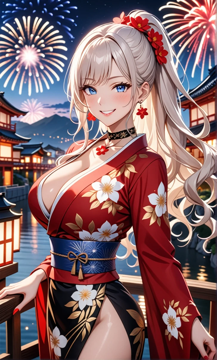 ultra-detailed, ((one girl)), (a girl with white hair wearing a black kimono),  hyper detailed, absurdres, 8K, Beautiful Face, (Laugh shyly), ((teasing smile:1.8)), ((Wink:1.8)), (Laugh with your mouth wide open),(Tilt your head:1.3), View your viewers, ((Bright red cheeks:1.6)),Glossy Red Lips, ((Big Breasts:1.5)), (valley),night, Riverside,On Bridge, firework, (Brighten your face), ((Anime style background)),masterpiece, Highest quality, so beautiful,Latest, Complex details, (Pink long nails), (nail art), (ring),(bracelet), (Floral Choker),AI-generated, Complex,High resolution, Highest quality, super high quality,3D Images、3D Images,One person,White long hair,(High Ponytail), (wavy hair:1.3), Fair-skinned anime woman posing for a photo, ((Fine grain、blue eyes、glowing eyes:1.4)), ((add white color to blue eyes)), (Squint your eyes:1.1),a hyperRealistic , hyperRealistic , Realistic, Anime woman with long white hair, Smooth anime CG art, A girl in a gorgeous kimono with gold embroidery, ((black furisode:1.3),(Red floral pattern) ,Long flower hair ornament,Floral Earrings,Mature Body, tall,Abdominal muscles,Narrow waist,((arched back:1.9)), (front view),